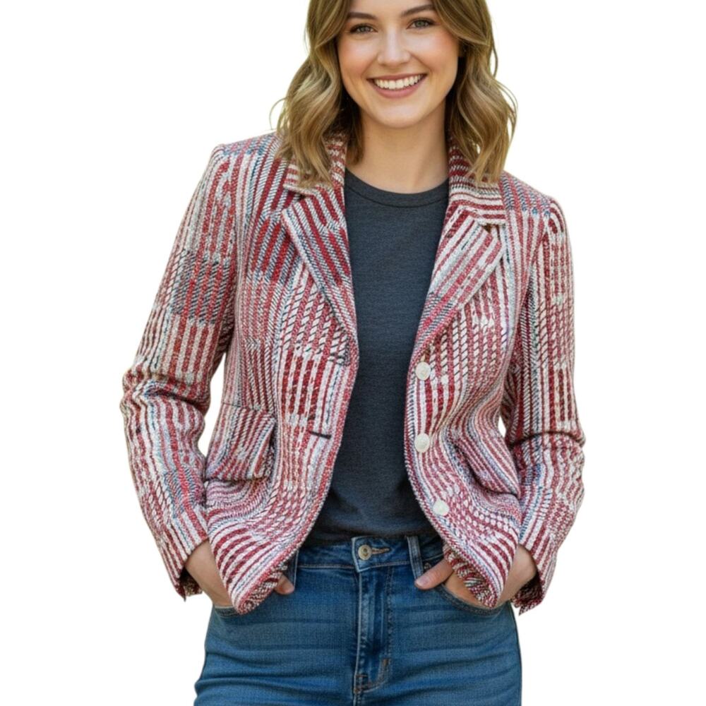 CAbi Blazer Jacket M Anchors Nautical Red White Preppy Stripe Plaid Style #6028